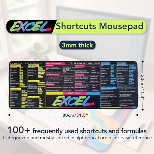 Excel Shortcuts Mousepad, Large Excel Mouse Pad for Desk Water-Resistant Office Mousepad with Stitched Edge and Anti-Slip Base (Blue/Pink/Yellow) - color: Blue/Pink/Yellow