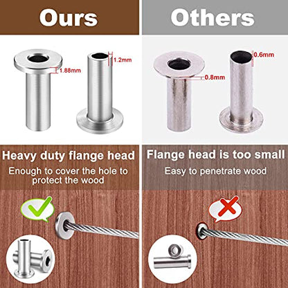 CKE 200 Pack T316 Stainless Steel Protector Sleeves for 1/8" Wire Rope Cable Railing, Marine Grade Protective Sleeves Deck Cable Railing Kit for Wood Posts DIY Balustrade, CR01