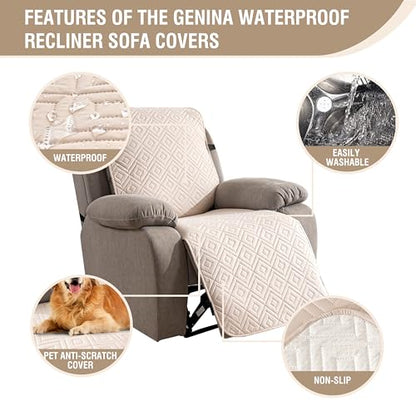 Genina Waterproof Oversized Recliner Chair Covers - 100% Protection, Non-Slip, Washable Recliner Slipcover for Larger Recliners, Kids & Pets Friendly【28'' /Beige】 - color: Beige, size: 28 in （Oversized 1 Seater）
