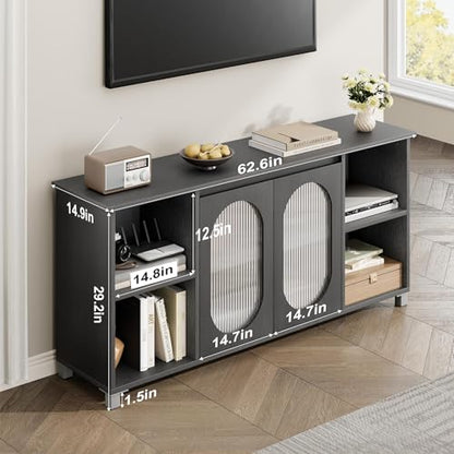 IDEALHOUSE TV Stand for 65" TVs with Fluted Glass Media Console, Black | Media Storage Cabinet, Fluted Glass Doors, Open Display Shelves, Modern Design, Bedroom & Living Room - color: Black