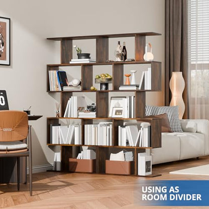 Cozy Castle Set of 2 Geometric Bookcase, S-Shaped Modern Bookshelf, Room Divider Bookshelf, 62" Tall Unique Abstract Bookcase with 5-Tier Display Shelf for Living Room Office, Rustic Brown - color: Rustic Brown