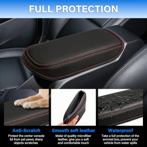 Console Cover for 2024 2025 2026 Chevrolet Trax (LS/1RS/LT/2RS/ACTIV) Leather Center ArmRest Box Cover Pad 2024 2025 2026 Chevy Trax Accessories Protector Cushion (Red Stitches) - color: red