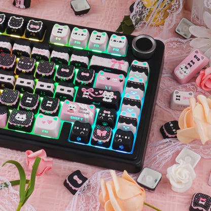 PBT Keycaps - Side Print Cat Keycaps, 113 Keys Shine Through Dye-Sub Cute Keycap, Mao Profile Custom Keycap for 60 65 75 100 Percent Cherry MX Mechanical Keyboard - color: Black Pink Meow