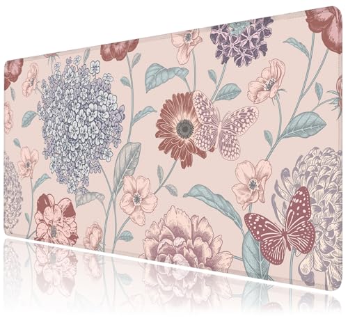 Desk Mat, Vintage Dark Flowers Butterfly XXL 35.4"x15.7"Large Gaming Mouse Pad, 3mm Thick Gaming Keyboard Pad,Desk Pad Non-Slip Rubber Base with Stitched Edges for Office Game Home Decor - color: Vintage Floral