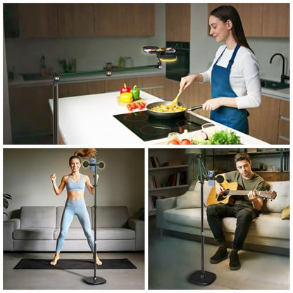 Overhead Phone Mount with Light, Cell Phone Stand for Video Recording, 360 Degrees Swivel Tilt Adjustable Floor Camera Filming Tripod. Content Creator Phone Holder, for iPhone/Android (L11)