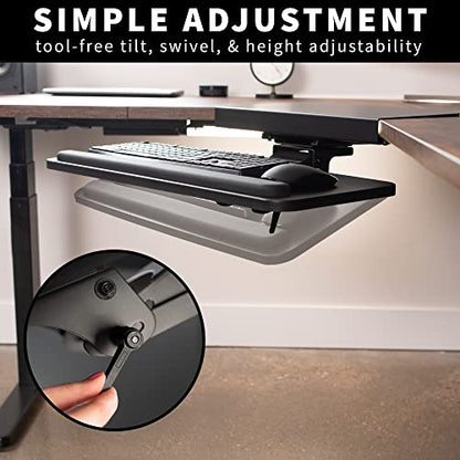 VIVO Black Under Desk Corner 25 x 10 inch Keyboard Tray, MOUNT-KB03B | Computer Keyboard and Mouse Platform with Corner Connector, Under Table Desk Mount for L-Shaped Workstations, Full Swivel