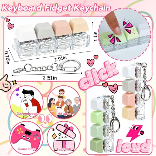 2 PCS 4-in-1 Keyboard Fidget Toy Keychain, Finger Clicky Button Toy Stress Relief Keychain with Swappable Keycaps, Mini Mechanical Key Fidget for Office Desk Focus Gifts (White Green Gray Pink) - color: White Green Gray Pink