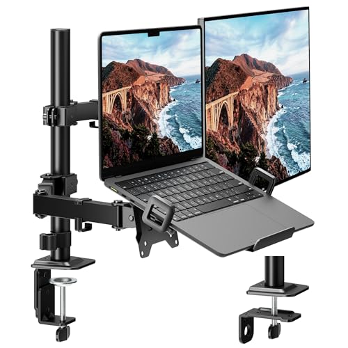 monTEK 2-in-1 Monitor Mount and Laptop Stand for Desk, Ergonomic Height Adjustable Monitor Arm Fits up to 32-Inch Screen and 17-Inch Notebook, Holds up to 22 lbs, C-Clamp and Grommet