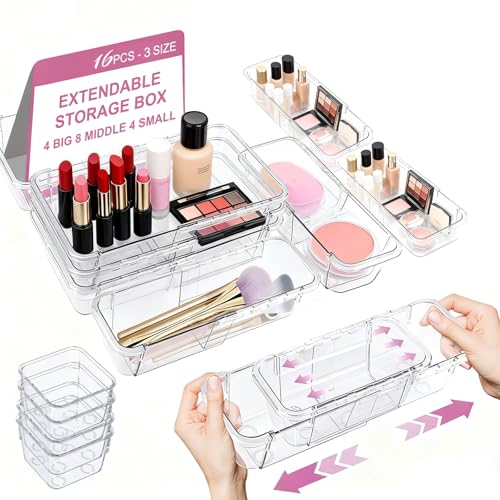16 Pcs Upgraded Extendable Clear Drawer Organizer, Adjustable Vanity Storage Box, 3-Size Desk Drawer Organizer, Durable Storage Bins for Makeup, Cosmetic, Bedroom Dressers Tool Organizer for Gadgets - color: 4Pcs Large+8Pcs Middle+4Pcs Small