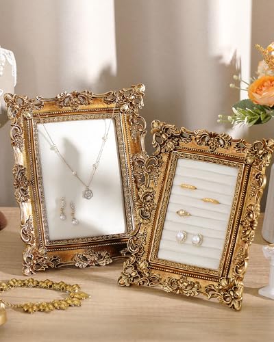 Wonderjune 2 Pcs Gold Jewelry Display Frame Vintage Jewelry Stand 10″, 7″ Resin Necklace Organizer Ring Holder Earring Tray for Photography Props Women Wedding Gifts(White,Large,Small,Hollowed out) - color: White, size: Large,Small, style: Hollowed out