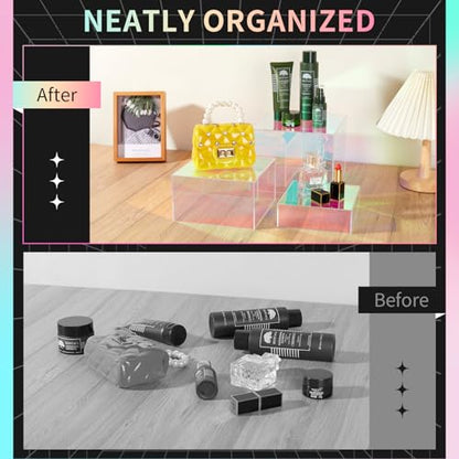 3Pcs Iridescent Risers Display Stands,Stackable Acrylic Cubes | Clear Display Box Nesting Rainbow Showcase for Collectibles Figures Jewelry Perfume Handbag Dessert, Neon Food Buffet Riser - color: Iridescent-3pcs