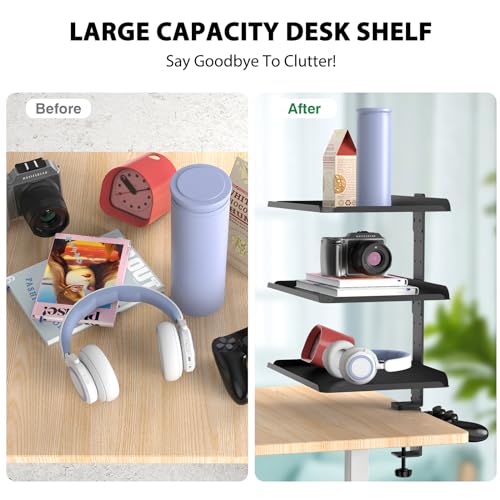 3 Tier Clamp On Desk Shelf, No Drill Desk Extension Shelving Unit with Adjustable Metal Trays & Headphone Stand Above or Under Desk Storage, Heavy Duty Desktop Storage Rack for Home Office