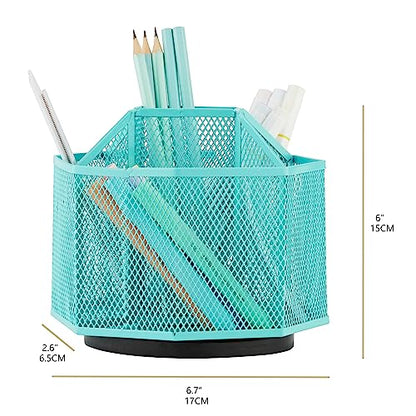 Annova Mesh Desk Organizer Rotate with 5 Compartments Spinning Tidy Candy/Pen Holder Office, Art Supply, Storage, Classroom, Home (Turquoise) - color: Turquoise