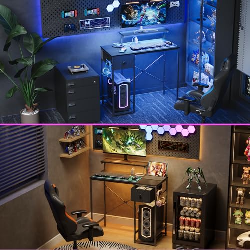 X-cosrack 33.5" Small Gaming Desk with LED Lights & Power Outlets, Compact Computer Desk with Monitor Stand & CPU Stand, Gamer Table with Storage Drawer, Side Hooks for Home Office, Bedroom, Black - size: 33.5" Black
