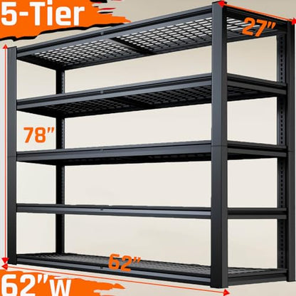 27" D Storage Shelves, Garage Shelving Heavy Duty Metal Adjustable Garage Shelves, Shelving Units Industrial Shelving for Warehouse, 62" W x 27" D x 78" H,Black - size: 62"Wx78"Hx27"D | 5 Tier