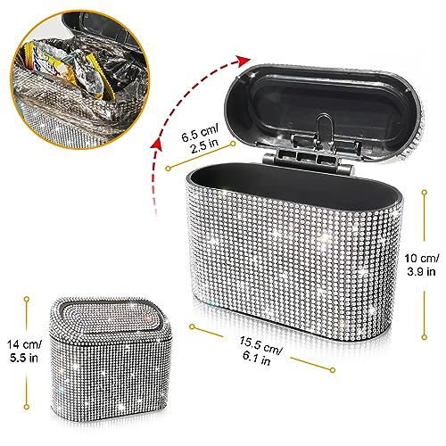 Accmor Bling Car Trash Can with 30pcs Garbage Bags, Vehicle Trash Bin with Lid Auto Dustbin Organizer Garbage Storage, Sparkling Crystal Mini Trash Container Holder - color: Black/White Rhinestone