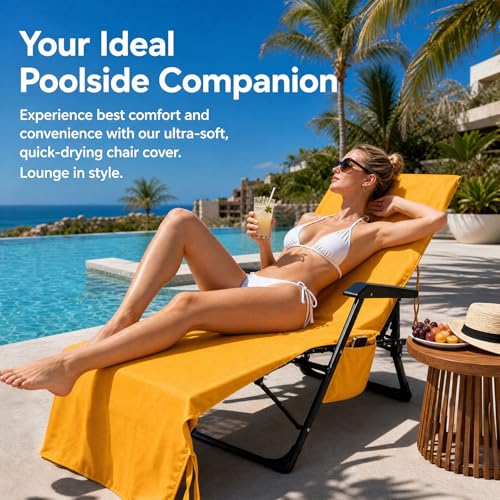 VOCOOL Lounge Chair Cover Beach Towels Covers Quick Dry Soft | Microfiber Pool Chair Towel with Side Pockets for Outdoor Summer Hotel Sunbathing Garden Sun Lounger, Yellow, 85" x 30" - color: Yellow
