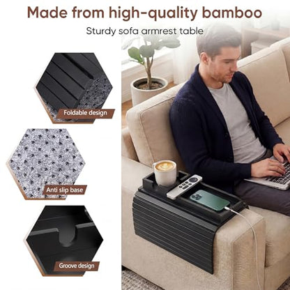 Bamboo Couch Arm Tray Table with Built-in Cup Holder, Foldable Anti-Slip Sofa Armrest Table for Drinks, Phone & Remote, Fits 4.7–16.9 in Armrests, Holds Cups up to 3.5 in Diameter (Black) - color: Black