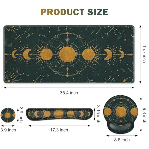 Large Desk Mat, Gaming Mouse Pad, Desk Pad Protector, XXL Mousepad + Keyboard Wrist Rest+Mouse Wrist Rest+Coaster Ergonomic Desk Pad for Home Office Decor, Dark Green Gold Moon Phases Constellation - color: Gold Moon Phases