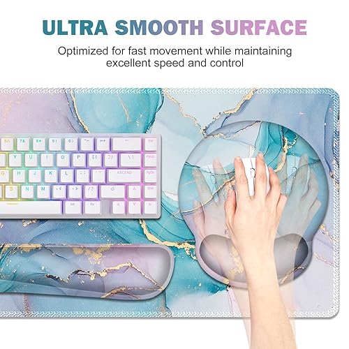ToLuLu Desk Mat, XXL Large Mouse Pad Wrist Support Set，4 in1 Gaming Mousepad Desk Pad+ Ergonomic Mouse Pad with Wrist Rest + Keyboard Wrist Rest+Coaster for Home Office Computer, Blue Glitter Marble - color: Blue Glitter Marble