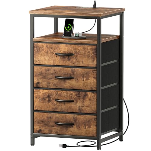 Huuger Night Stand with Charging Station, 4 Drawer Dresser for Bedroom, Bedside Table, 33.9 Inch Tall Nightstand with Open Shelf, End Table, for Closet, Entryway, Bedroom, Rustic Brown - color: Rustic Brown, size: 11.8"D x 15.7"W x 33.9"H (4 Drawers)