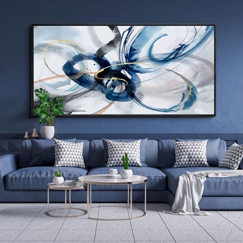 KLAKLA Large Wall Art for Living Room - Abstract Wall Decor Framed Picture Artwork for Wall Decorative Paintings Blue and White Modern Office Bedroom Art - color: Blue abstract - 4, size: 24x48