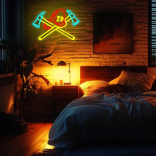 Firefighter Helmet Neon Sign Firefighter Hat LED Light Axe Wall Art for Rescue Room Firefighter Hat Sign for Fire Department Bedroom Fire Station Bushiness Shop Beer Bar Man Cave - style: firefighter helme