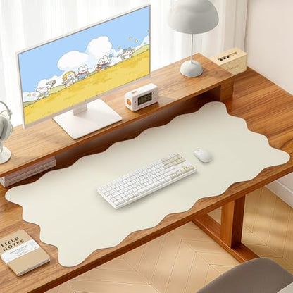 PU Leather Desk Pad, Scalloped Non-Slip Mouse Pad & Large Desk Mat Cover Stitched Edges Writing Pad for Office, Home - Waterproof, Easy to Clean, Durable Surface I 31.4"x15.7", Off-White - color: Off-white