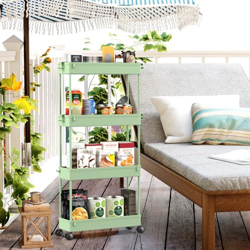 SPACEKEEPER Slim Rolling Storage Cart 4 Tier Bathroom Organizer Utility Cart Mobile Shelving Unit Tower Rack for Kitchen, Laundry Room, Bathroom, Narrow Places, Green - color: Green