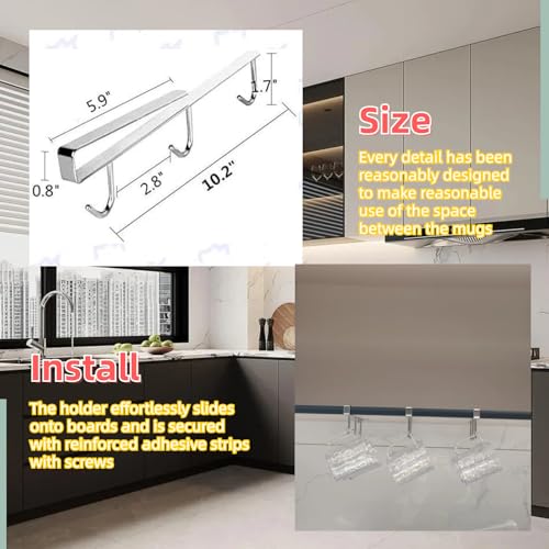 Mug Hooks Under Cabinet , 304 Stainless Steel Cup Hooks for Hanging Under Shelf, Mug Organizer Rack with 9 Hooks for Displaying Mugs, Coffee Cups and Kitchen Utensils,Fit for 0.8" or Less thickness - size: 3 Pieces