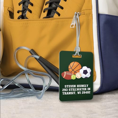 Personalized Sports Theme Luggage Tag / 2.75" x 4" Custom Modern Bag Tag/Double Sided Durable Plastic Luggage Tag with Plastic Strap/Made in The USA - style: Sports