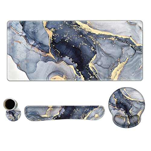 ARTSO Large Mouse Pad Ergonomic Keyboard Wrist Rest Support Combo, Memory Foam Gel Extended Desk Mat Protector, Non-Slip Desk Blotter, Dark Blue Marble - color: Dark Blue Marble