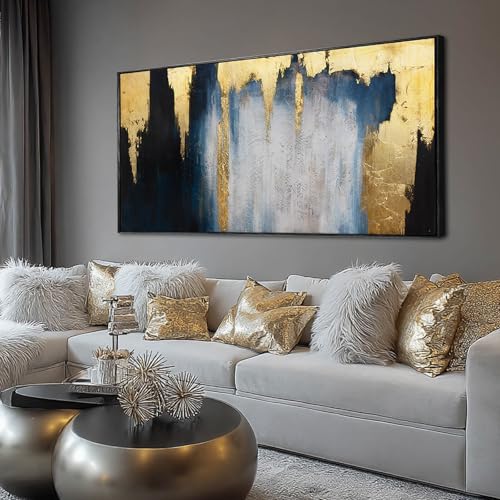 WINKAILIN Abstract Blue and Gold Wall Art with Black Frame Modern 24x48 Canvas Painting Large Artwork for Living Room Bedroom Office Home Decoration - color: Blue and Gold, size: 48"L x 24"W