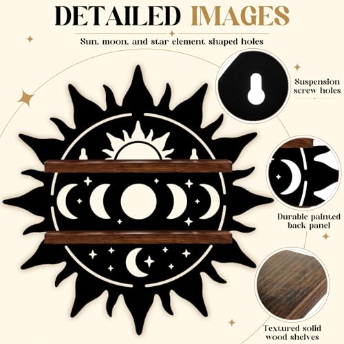 Moxweyeni Crystal Display Shelf for Wall, 11.8 Inch Sun Shape Floating Wooden Shelf with Iron Backing, Boho Wall Hanging Decor Organizer for Crystals, Stones, Gems, Home - style: Sun