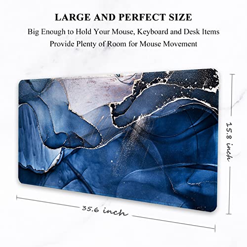 Auhoahsil Large Mouse Pad, XXL Desk Pad, Extened 35" x 15", Non-Slip Rubber Base, Stitched Edges, Superior Surface, Waterproof Keyboard Mat, Large Mousepad for Gamer, Office & Home, Ink Navy Marble - color: 06 Ink Navy Marble, size: XXL - Extended size 35
