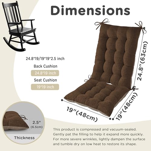 AddGrace Non-Slip Rocking Chair Cushion Extra Large Linen Thick Chair Pads Durable High Back Seat Cushions with Ties Set of 2 Brown - color: Brown