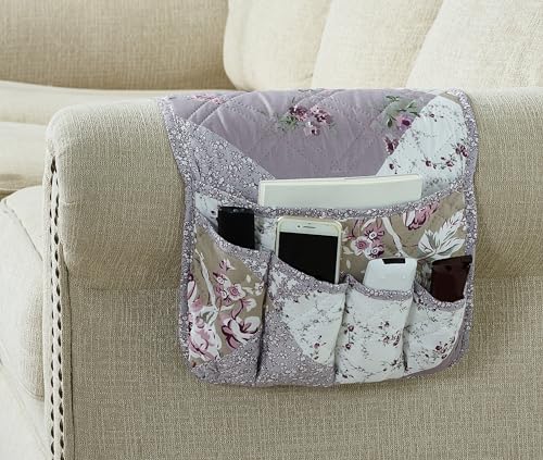 Brilliant Sunshine Patchwork Couch Armrest Organizer, Lilac (35"×13") | Non Slip Armchair Caddy for Sofa Recliner, Washable Remote Controls Holder, Storage for Magazine, Phone, iPad - color: Lilac