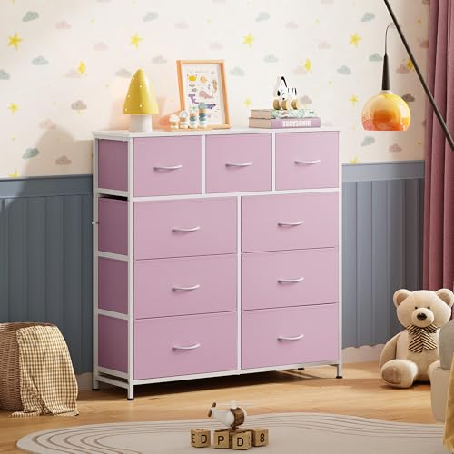 WLIVE 9 Drawer Dresser, Fabric Storage Tower for Bedroom, Hallway, Closet, Tall Chest Organizer Unit for Bedroom with Fabric Bins, Steel Frame, Wood Top, Easy Pull Handle, A-Pink - color: A-pink
