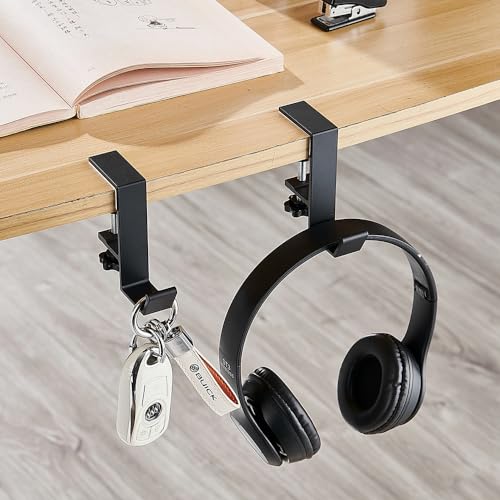 2Pcs Clamp-On Under Desk Headphone Holder Students' Desk Hook Women's Bag Hook with Adjustable Arm Clamp Backpack Handbag and Purse Holder - Suitable for Plate Between 1-5cm / 0.4-1.96” - Black - color: Black
