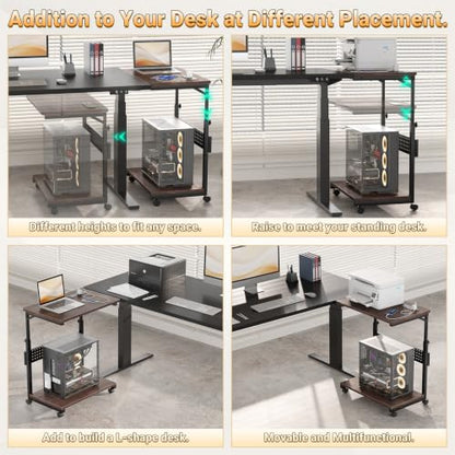 Besiost Computer Tower Stand with Power Strips, 4 Levels Manual Height Adjustable PC Tower Stand for Under Desk, Mobile Rolling CPU Holder, Computer Cart with Wheels, 24", Black Walnut - color: Black Walnut, size: 24"