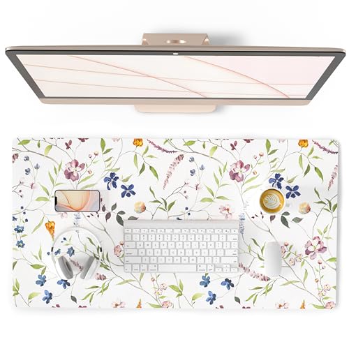 QIYI Floral Mouse Pad, Large Desk Mat for Desktop, Women Girls Watercolor Flowers Office Décor Desk Accessories, PU Leather Waterproof Gaming Mousepad, Wildflowers Desk Pad Computer Mat, 31.5" x 15.7" - color: Delicate Branches, size: 31.5" x 15.7"