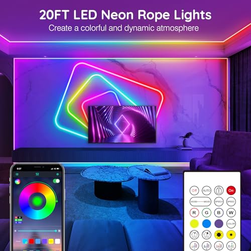 AILBTON 20Ft Neon Rope Lights,Flexible Led Rope Lights Control with App/Remote,Multiple Modes Music Sync Gaming RGB Led Neon Lights for Bedroom Outdoor - size: 20FT