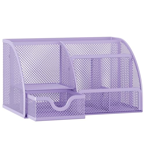 EasyPAG Mesh Desk Organizer with Drawer Multi-functional Pen Holder Stationery Organizer for Office School Supplies 6 Compartments Dorm Organizers and Storage for Desk, Light Purple - color: Light Purple