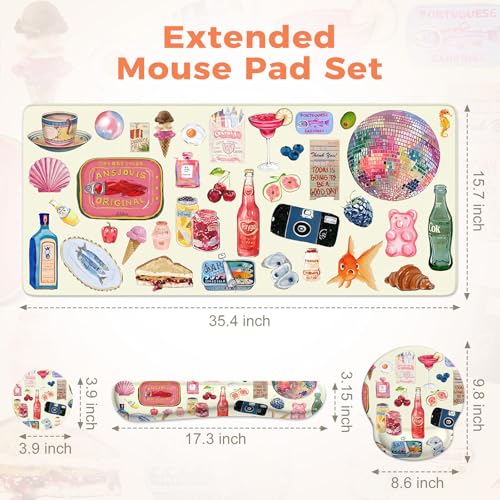 iLeadon Large Desk Cover Mat, Non Slip Gel Mouse Pad with Wrist Support Extra Large, Computer Desk Mat with Keyboard Wrist Rest and Mouse Pad Set, Computer Mats for Desktop Women (Vintage Stickers) - color: Beige