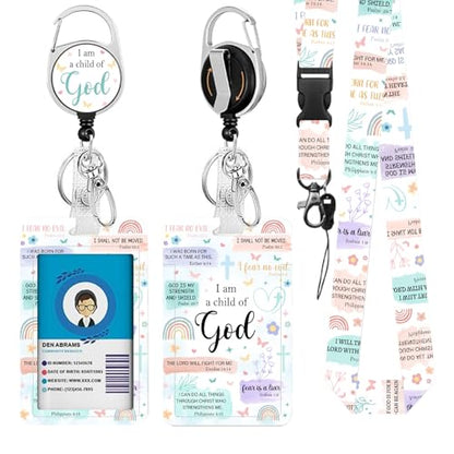 Christian Lanyards ID Badge, I am a Child of God ID Badge Holder with Retractable Reel Clip and Keychain, Heavy Duty Religious Identity Badge Cover Case Protector for Teacher Nurse - color: Christian-green