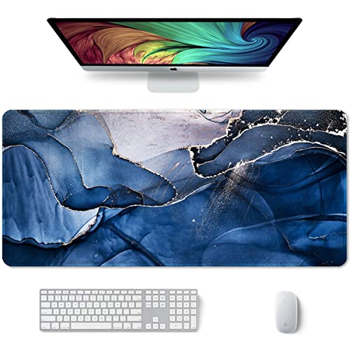 Auhoahsil Large Mouse Pad, XXL Desk Pad, Extened 35" x 15", Non-Slip Rubber Base, Stitched Edges, Superior Surface, Waterproof Keyboard Mat, Large Mousepad for Gamer, Office & Home, Ink Navy Marble - color: 06 Ink Navy Marble, size: XXL - Extended size 35