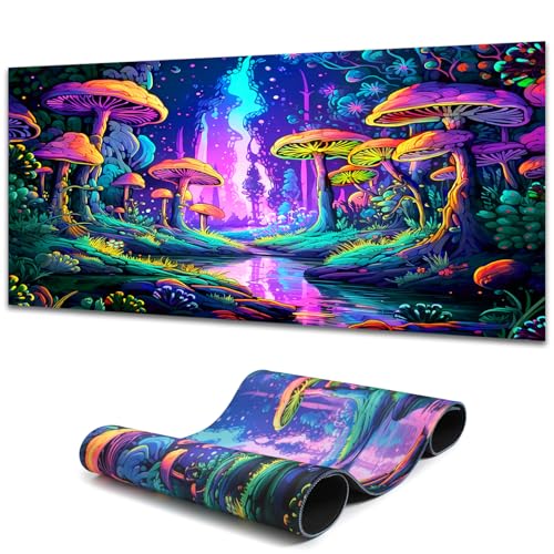 Mushroom Forest Gaming Mouse Pad, Blacklight Fantasy Tree Plants Waterproof Large Mouse Mat, 31.5" x 11.8" Glowing Extended Non-Slip Rubber Base, Office & Home Keyboard Pad - color: Mushroom Tree