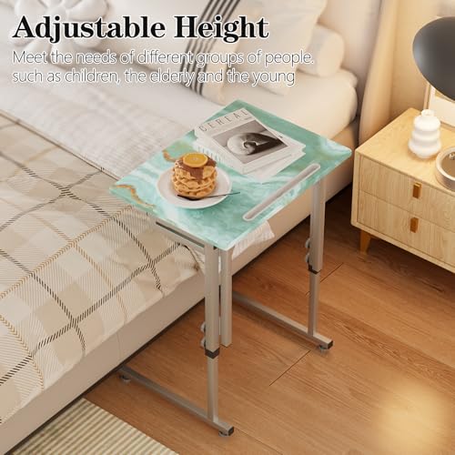 Folding Tv Tray Table,6 Height Adjustable Dinner Snack Slide Under Couch Side Table, Portable Foldable C-Shaped End Table for Eating with Sturdy MDF Top,No Assembly(Sea Blue+Silver) - color: Sea Blue+silver