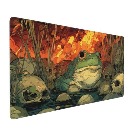 Game Mat with Magical Frog Skull Jungle Fire Theme, 35.4 x 15.7 Inches, Non-Slip, Wear-Resistant, Double-Stitched Edges, Multi-Use Desk Protector - color: Frogs and Skulls Jungle Fire