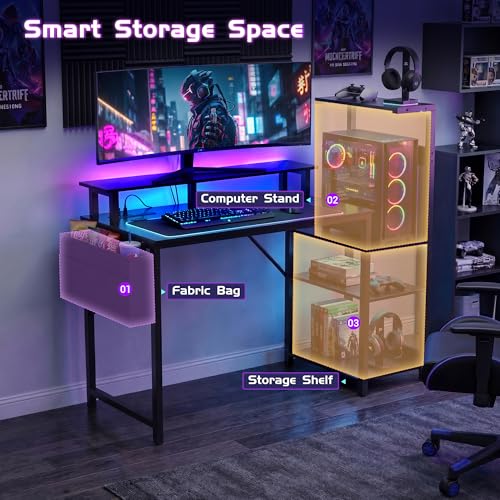 Apicizon 43 Inch Gaming Desk with LED Setup Style, Computer Desk with Storage Shelves & Monitor Stand, Reversible Workstation for Small Space, Home Office Desk Black - size: 43inch